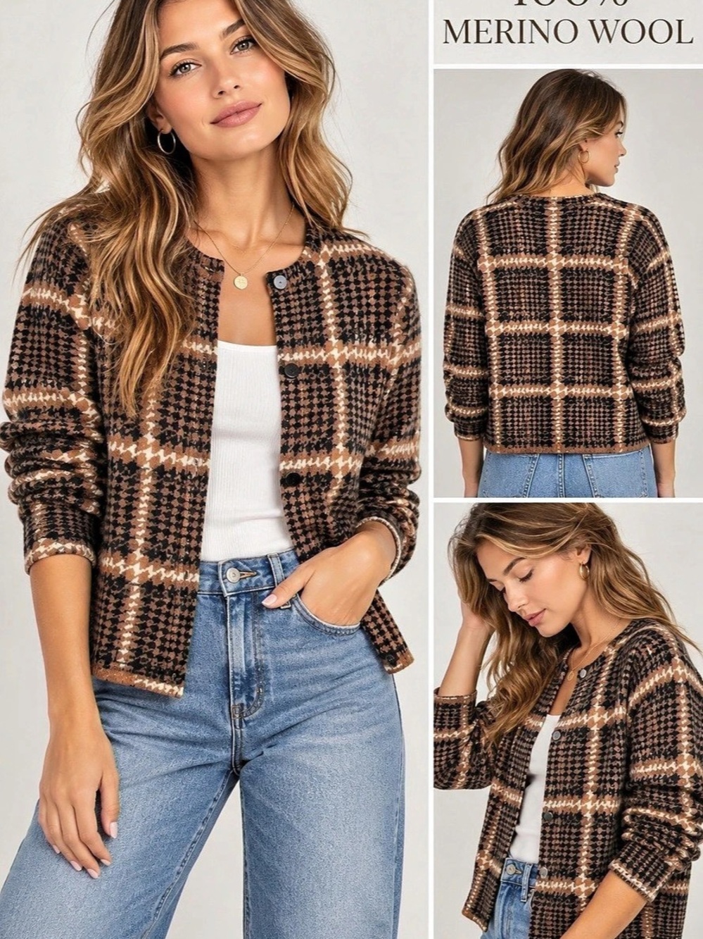 Talbots 100% Merino Wool Plaid Cardigan Sweater Brown Black Women’s Small